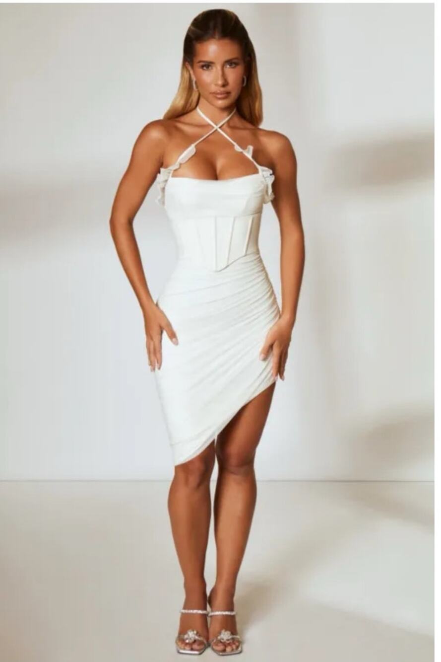 Oh Polly Asymmetric Corset‎ Midi Dress White Halter Bodycon Wedding Guest 8